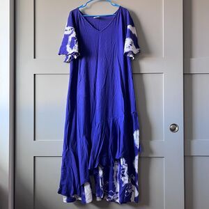 Dunes Dress Womens XL 1P Purple White Tie Dye Maxi Flutter‎ Sleeve Boho Asym Hem